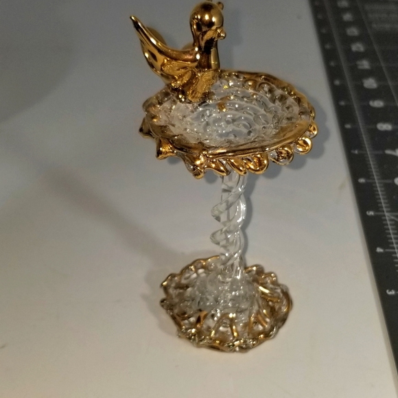 Blown glass with gold bird and bird bath spun glass vintage 1960